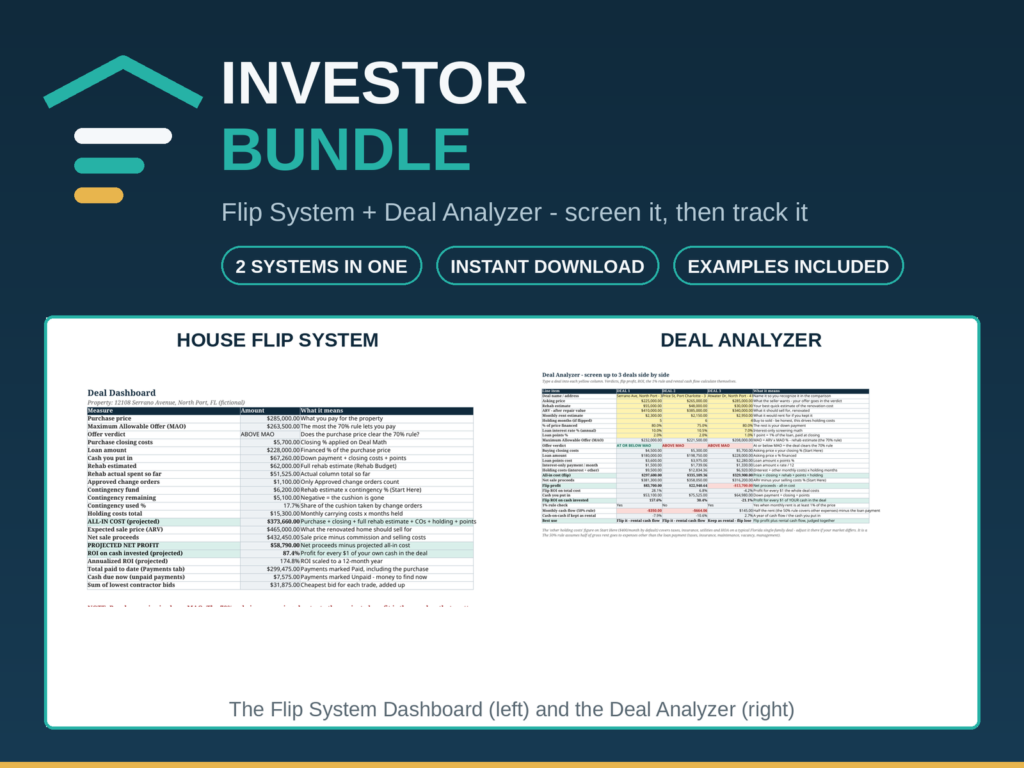 Investor Bundle | House Flip Profit System and Deal Analyzer Spreadsheets for Real Estate Investors | Excel & Google Sheets