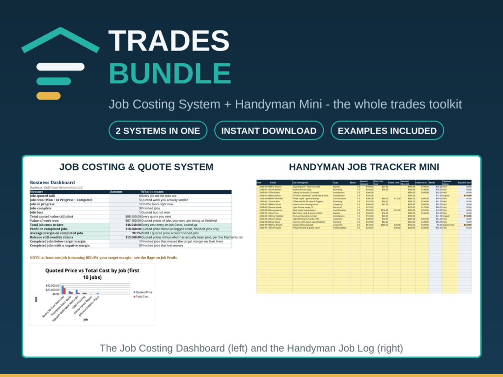 Trades Bundle | Contractor Job Costing System and Handyman Job Tracker Spreadsheets | Excel & Google Sheets