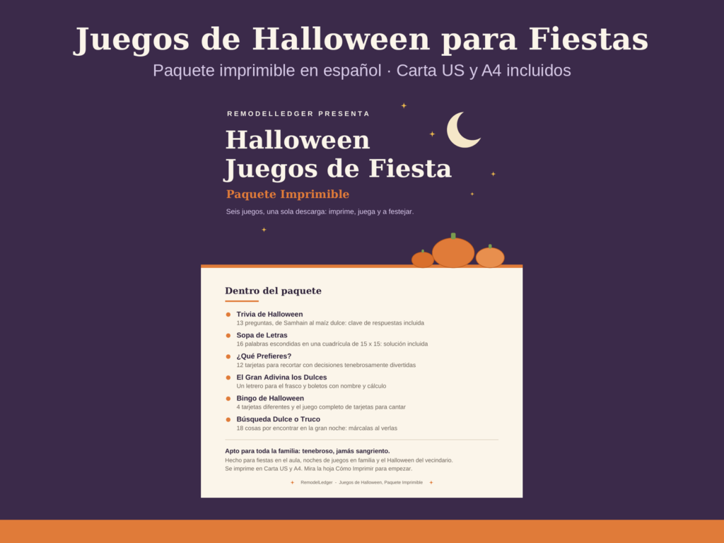 Juegos de Halloween para Fiestas Imprimibles | Trivia, Bingo, Sopa de Letras y Búsqueda del Tesoro para la Familia y el Aula