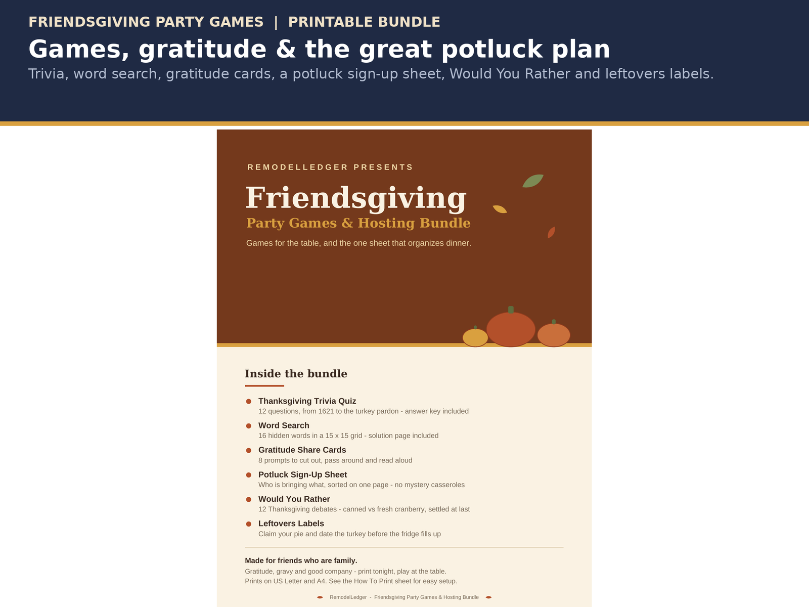 Friendsgiving Party Games and Hosting Bundle | Thanksgiving Trivia, Word Search, Gratitude Cards & Potluck Sign-Up Sheet