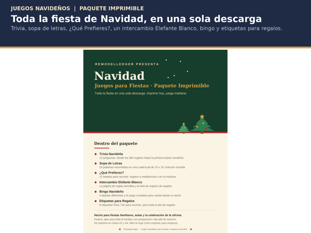 Juegos Navideños para Fiestas Imprimibles | Trivia Navideña, Sopa de Letras, Bingo Navideño e Intercambio Elefante Blanco