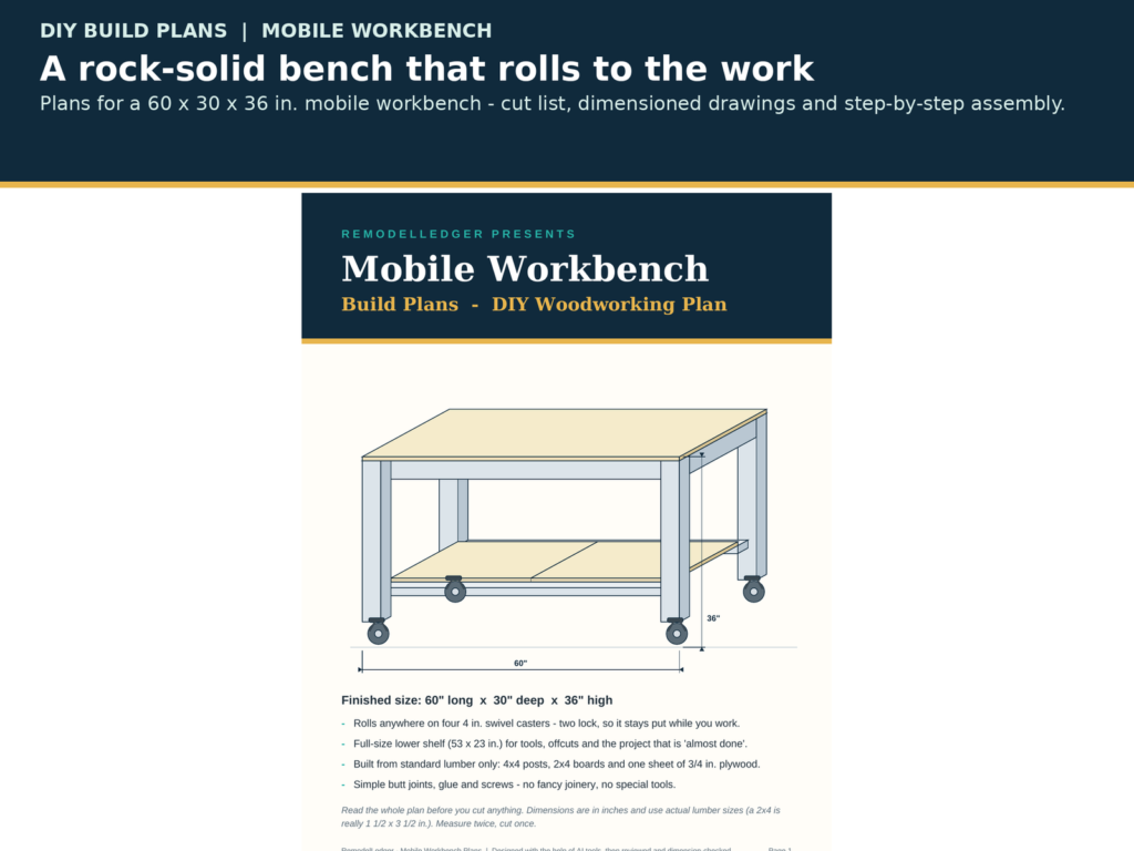 Mobile Workbench Plans | DIY Woodworking Plan PDF | Rolling Garage Workbench with Shelf | Cut List and Dimensioned Drawings