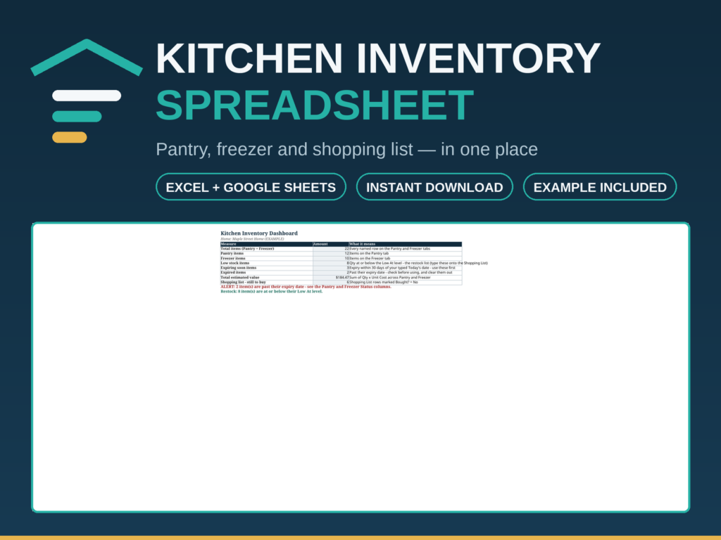 Kitchen Inventory Spreadsheet | Pantry and Freezer Tracker with Low Stock and Expiry Alerts | Excel & Google Sheets