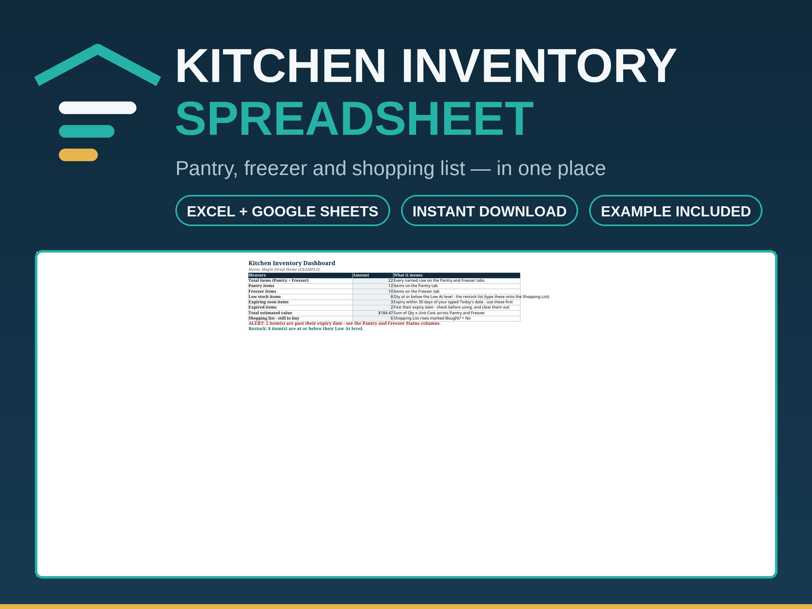 Kitchen Inventory Spreadsheet | Pantry and Freezer Tracker with Low Stock and Expiry Alerts | Excel & Google Sheets
