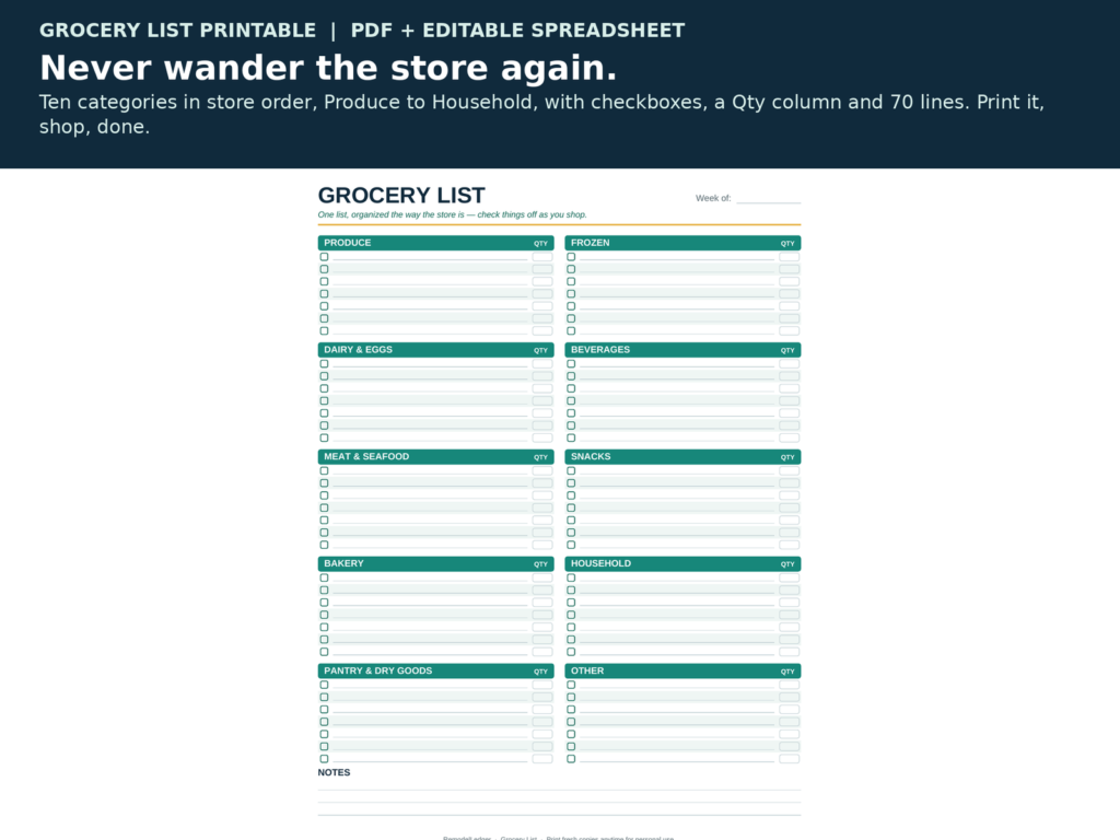 Grocery List Printable, Categorized Shopping List with Meal Planner and Staples Checklist, US Letter and A4, Editable