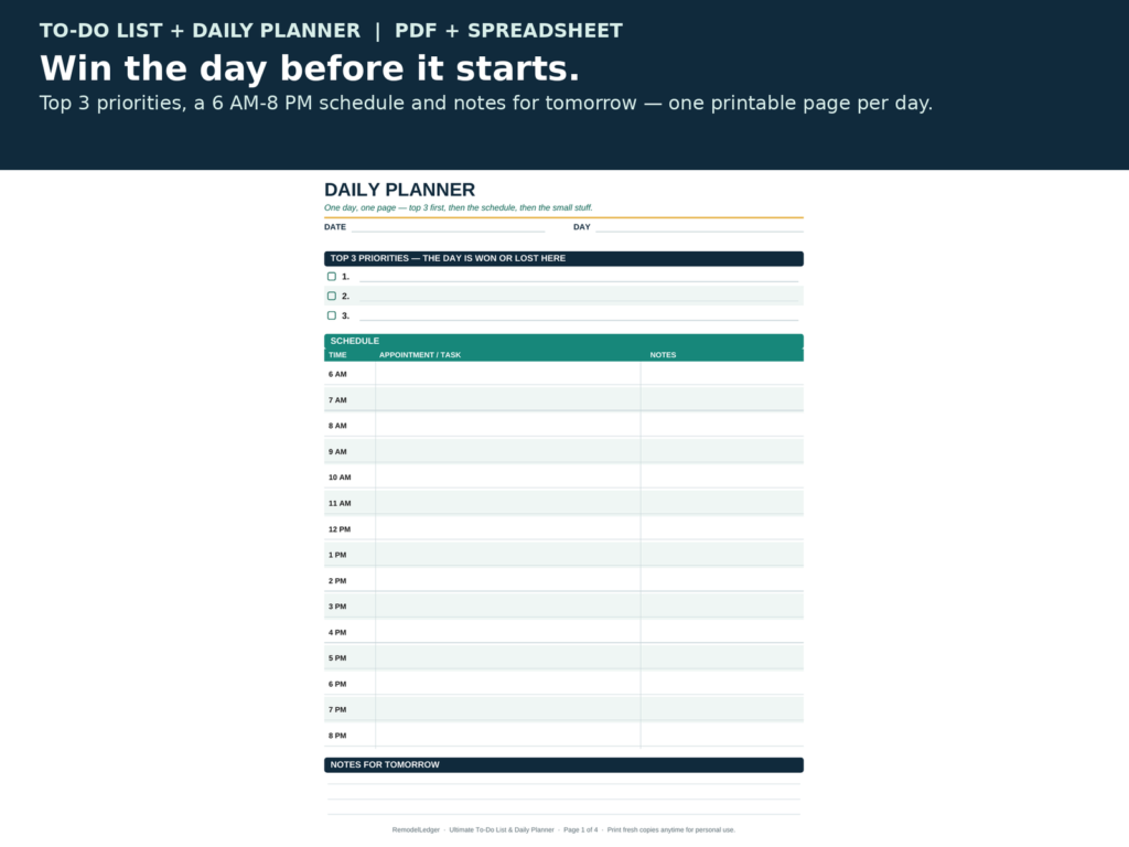 To Do List Printable and Daily Planner Spreadsheet, Weekly Planner, Habit Tracker, Master Task List, Letter and A4