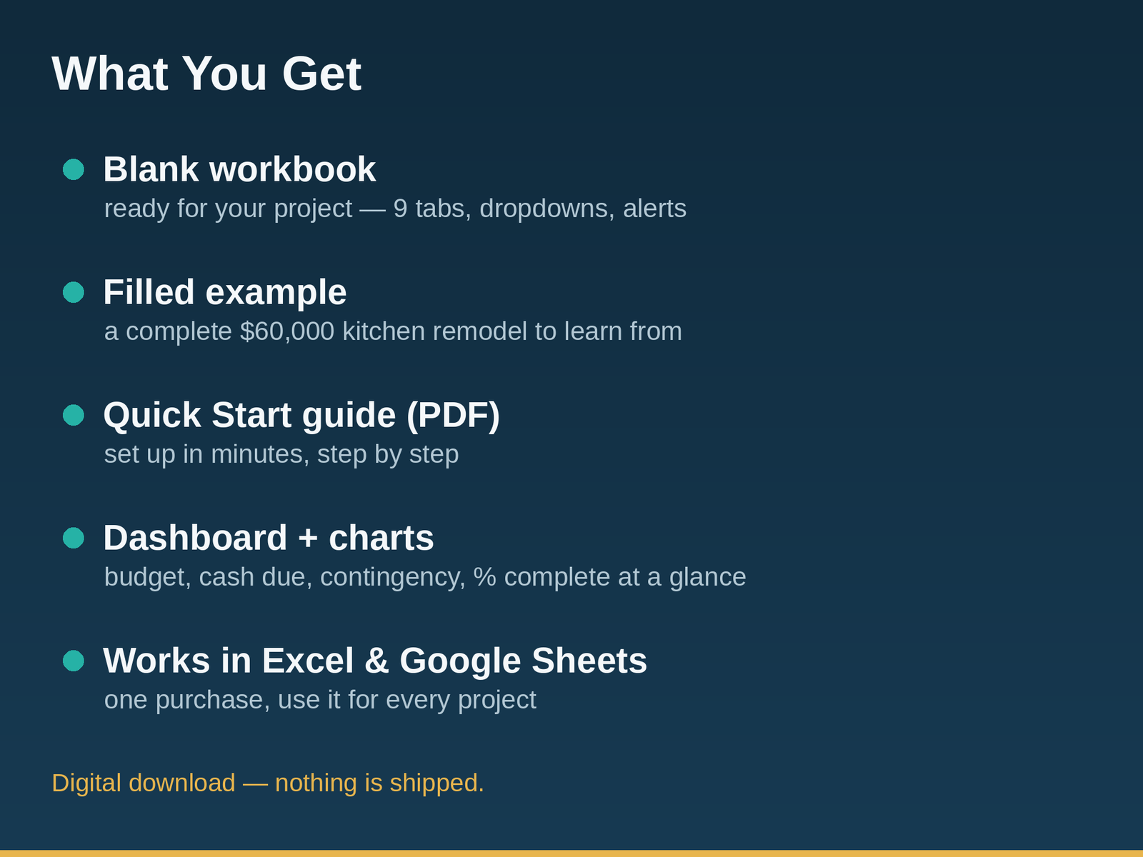 Home Renovation Planner Spreadsheet | Remodel Budget Tracker, Contractor Bid Comparison, Change Order Log | Excel & Google Sheets - Image 6