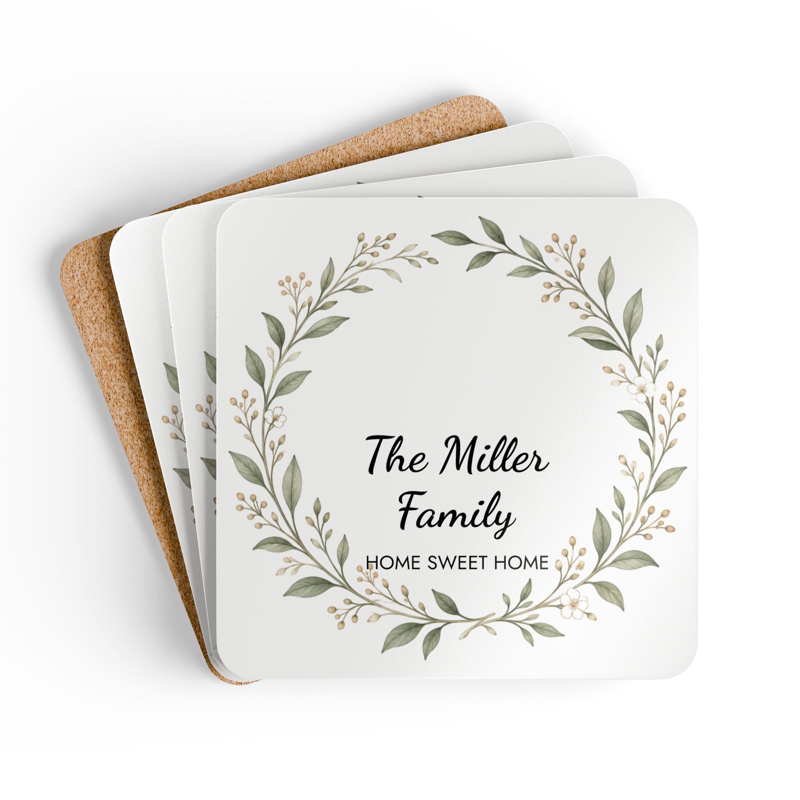 Personalized Family Name Coasters, Custom Coaster Set of 4, Botanical Wreath Family Name Gift, Home Sweet Home Coaster Set - Image 3