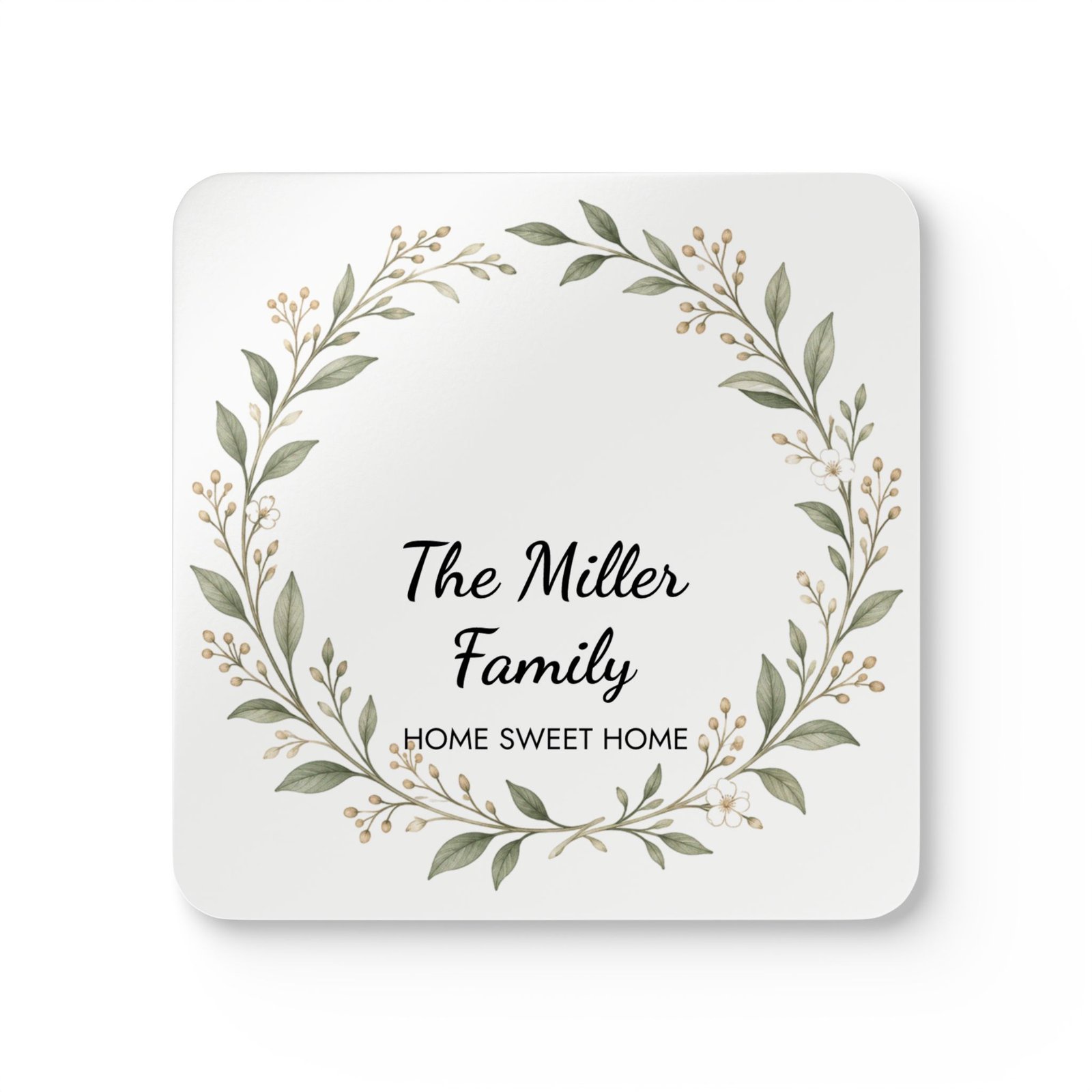 Personalized Family Name Coasters, Custom Coaster Set of 4, Botanical Wreath Family Name Gift, Home Sweet Home Coaster Set